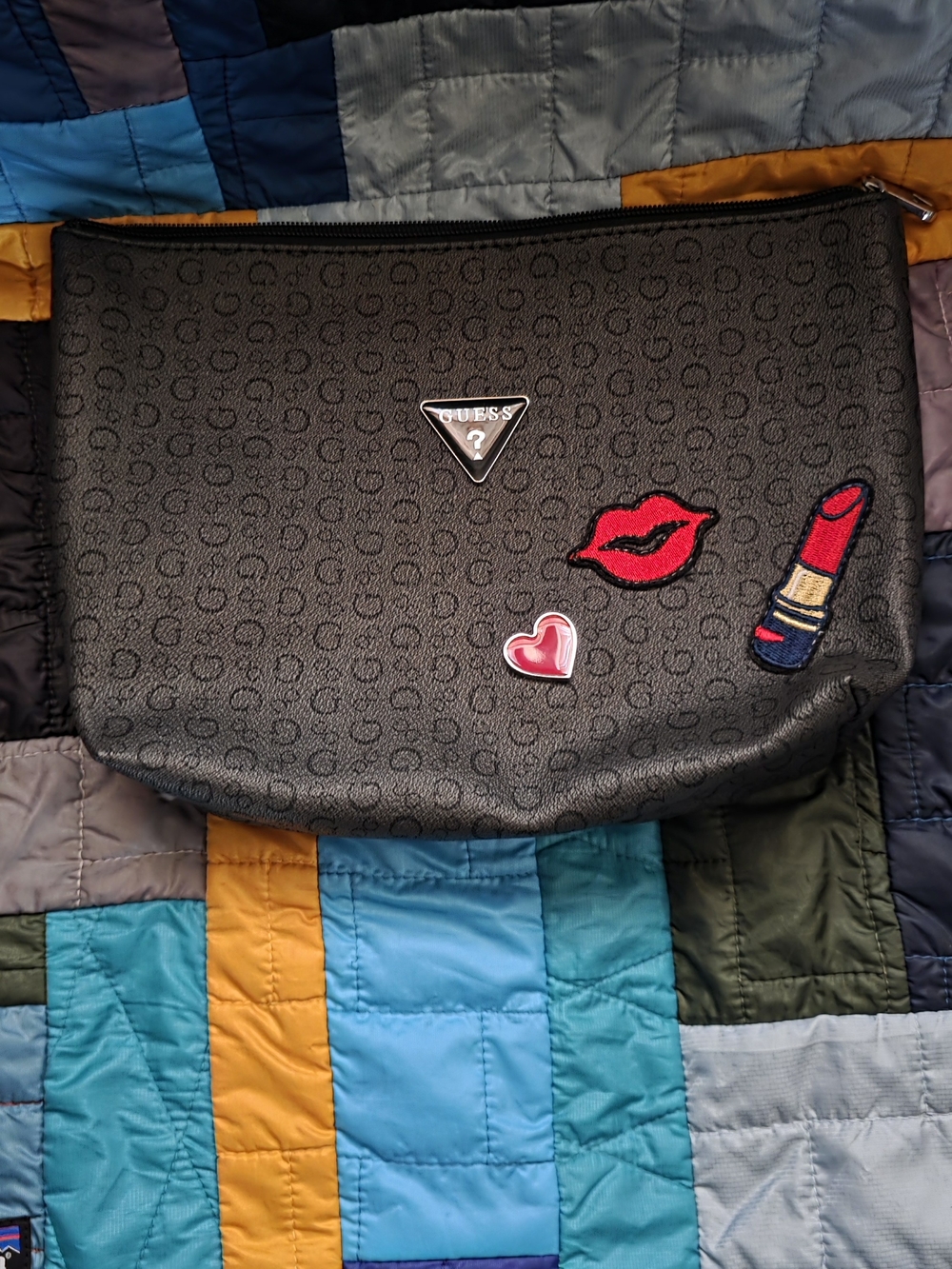 GUESS Black Logo Pouch with Lipstick & Heart Patches